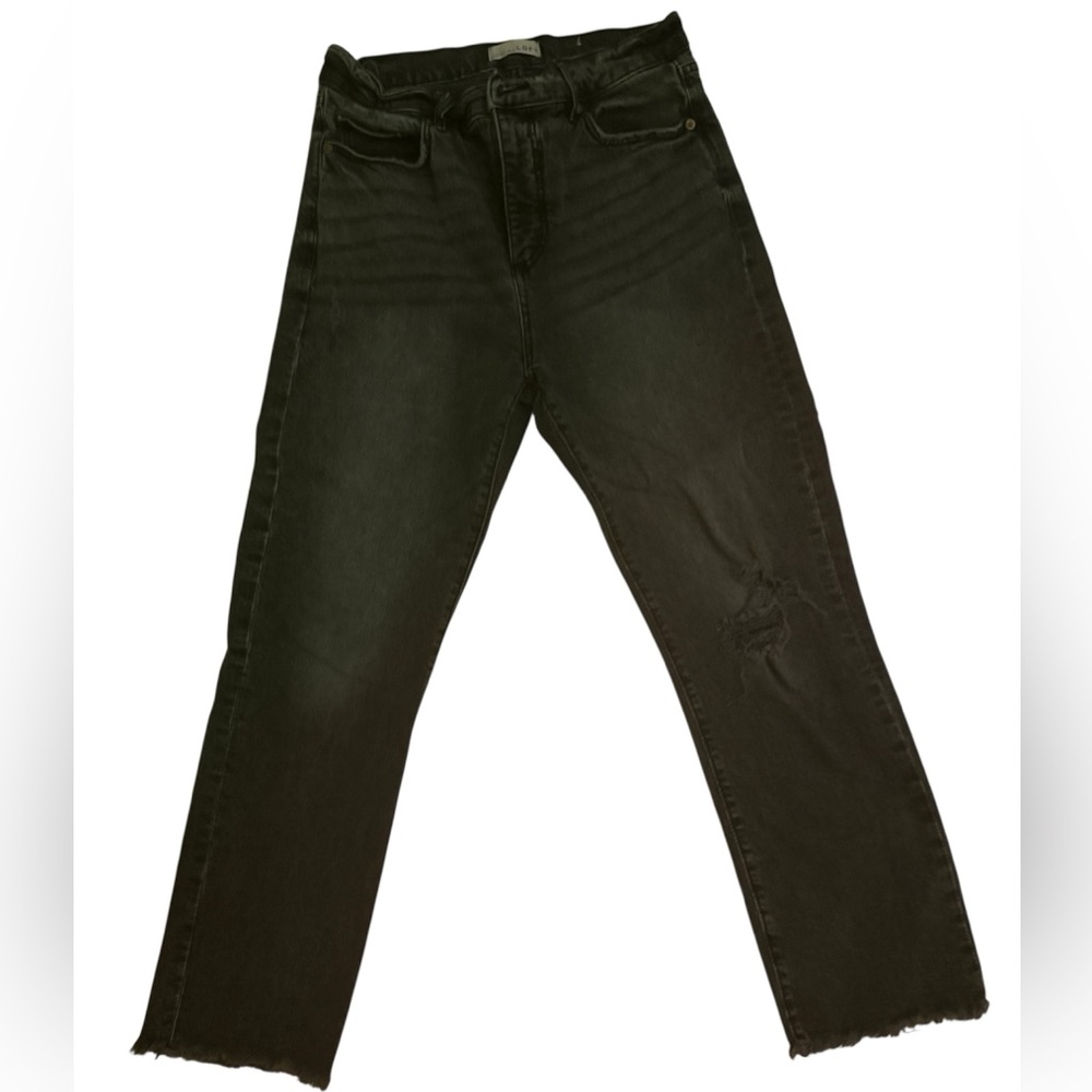 Loft size 4 black distressed faded black jeans with hole in knee